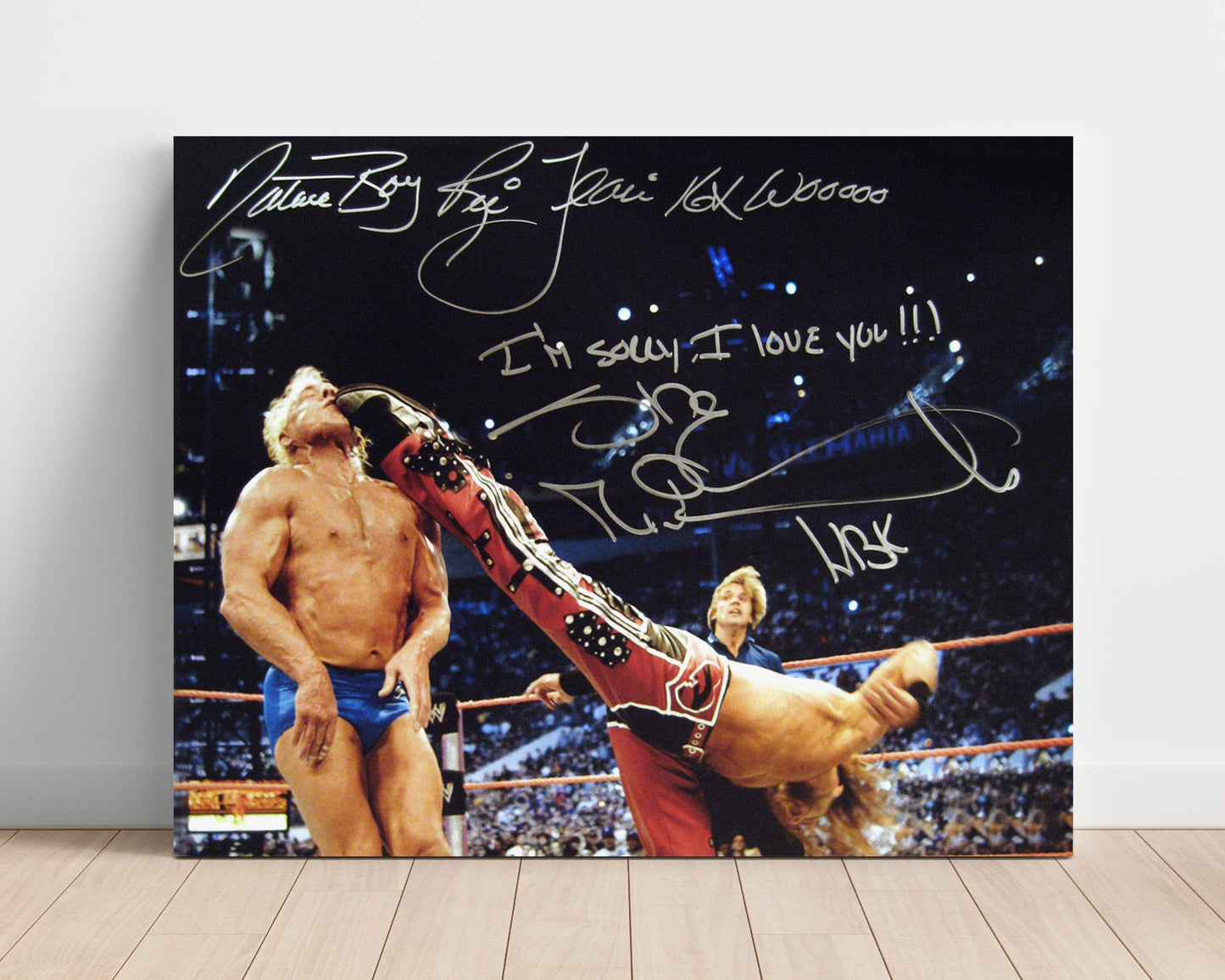 Flair vs Shawn Michaels - WrestleMania I'm Sorry I Love You Moment Wrestling Wall Art Unframed Print wall art print – wrestling decor