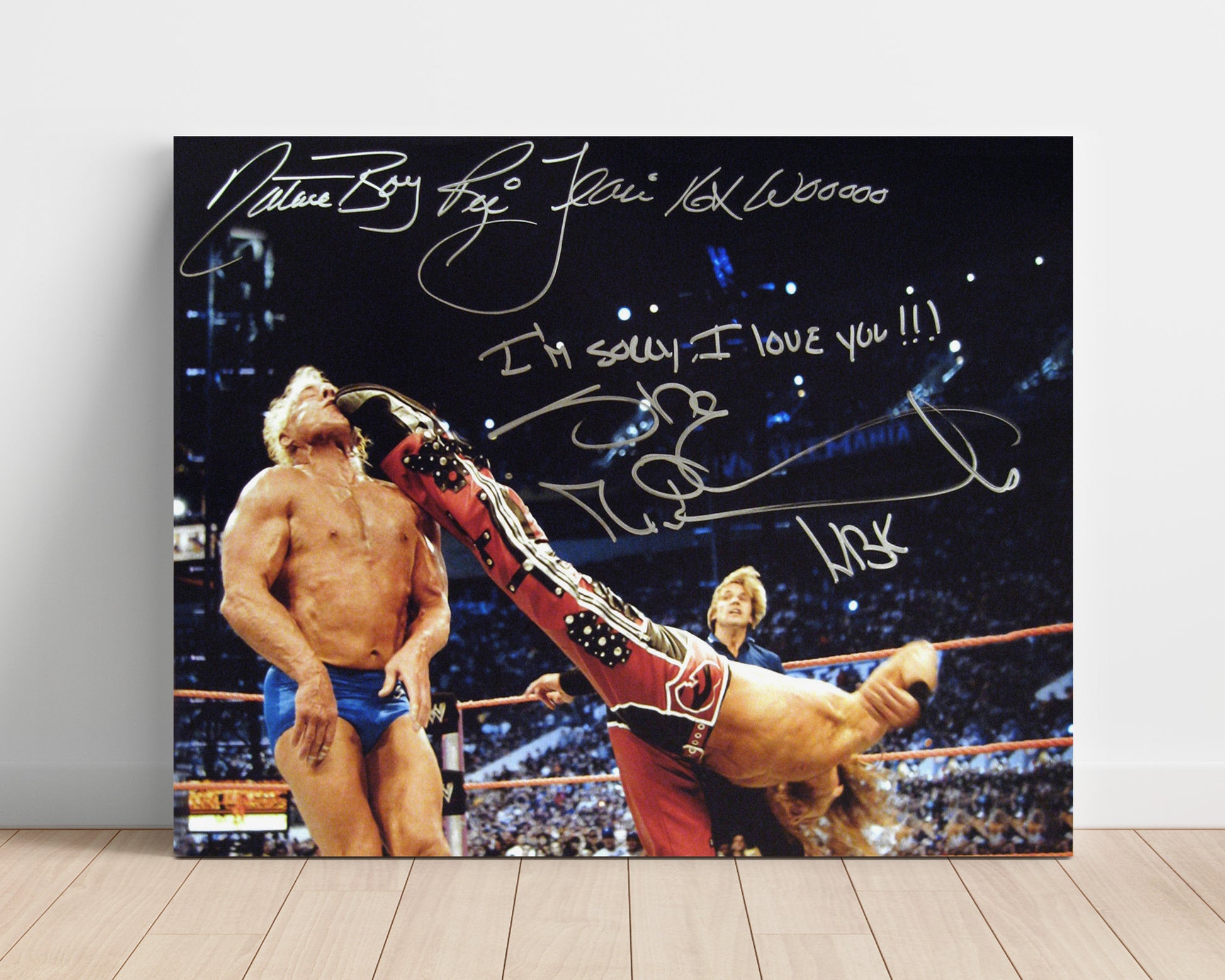 Flair vs Shawn Michaels - WrestleMania I'm Sorry I Love You Moment Wrestling Wall Art Unframed Print wall art print – wrestling decor
