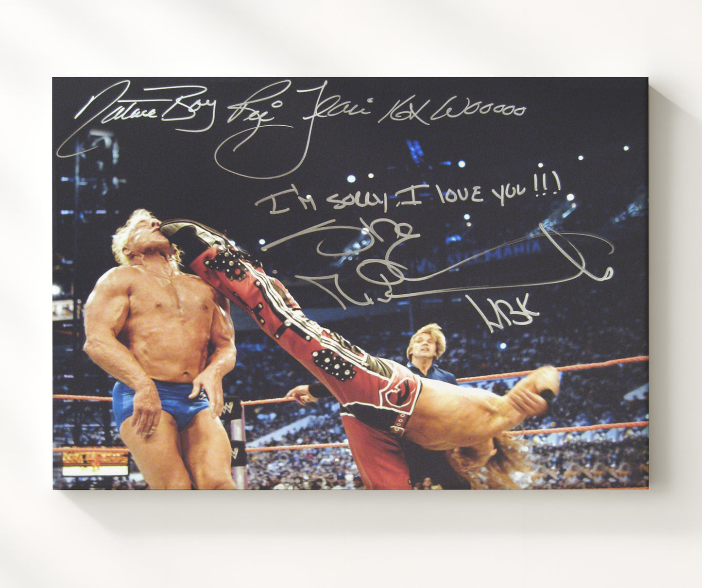 Flair vs Shawn Michaels - WrestleMania I'm Sorry I Love You Moment Wrestling Wall Art Canvas wall art print – wrestling decor