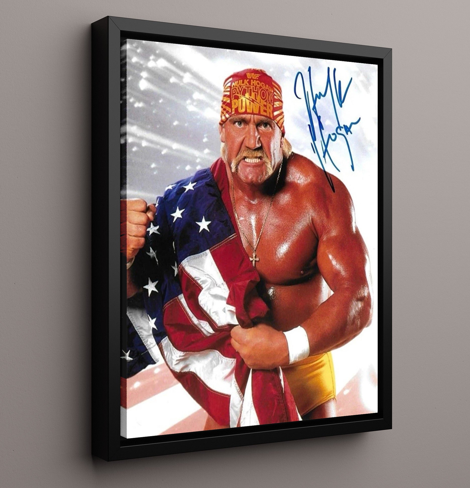 Hulk Hogan - American Flag Hulkamania Pose Wrestling Wall Art Framed Canvas wall art print – wrestling decor