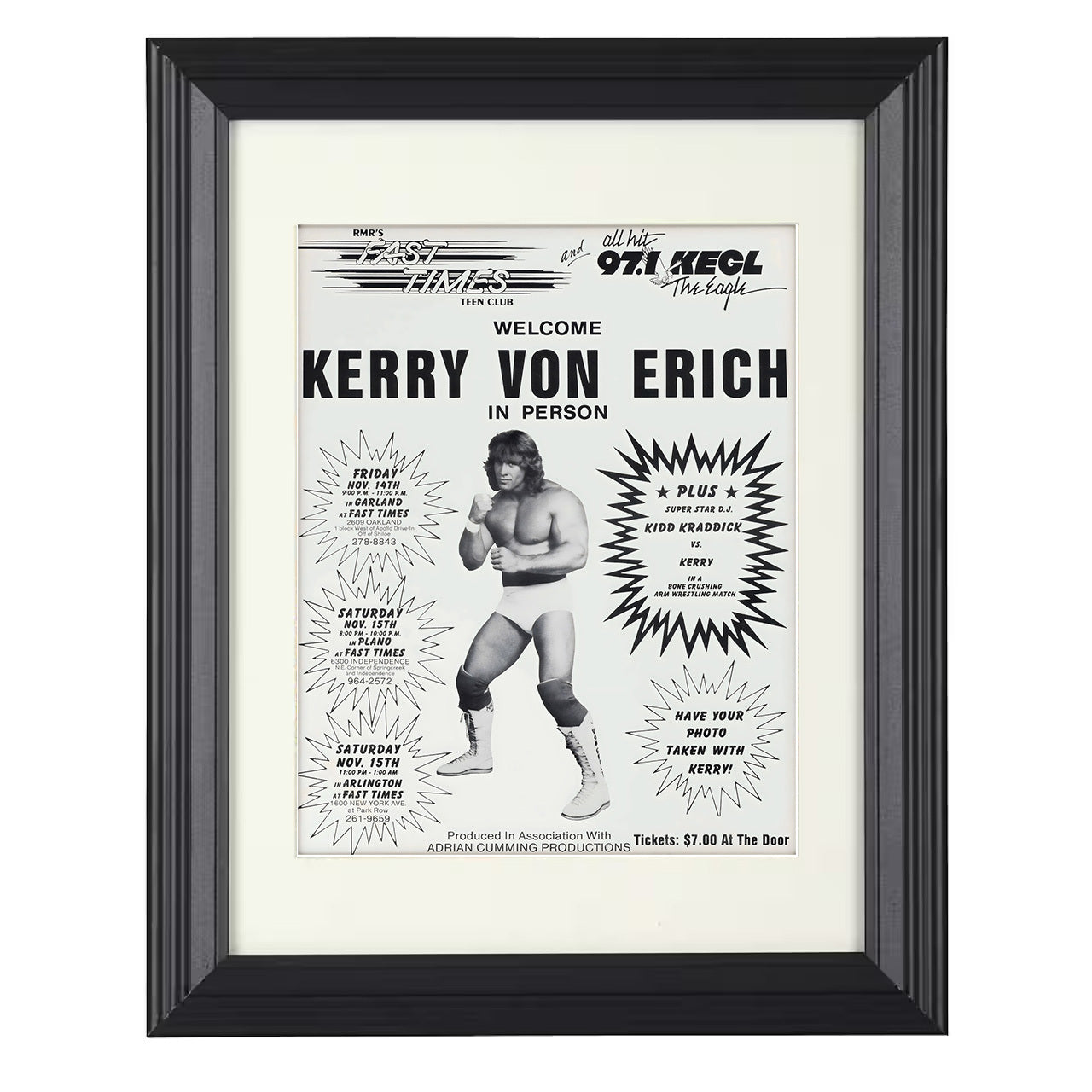 Kerry Von Erich – Vintage Teen Club Event Art 8x10 matted black framed wrestling wall art