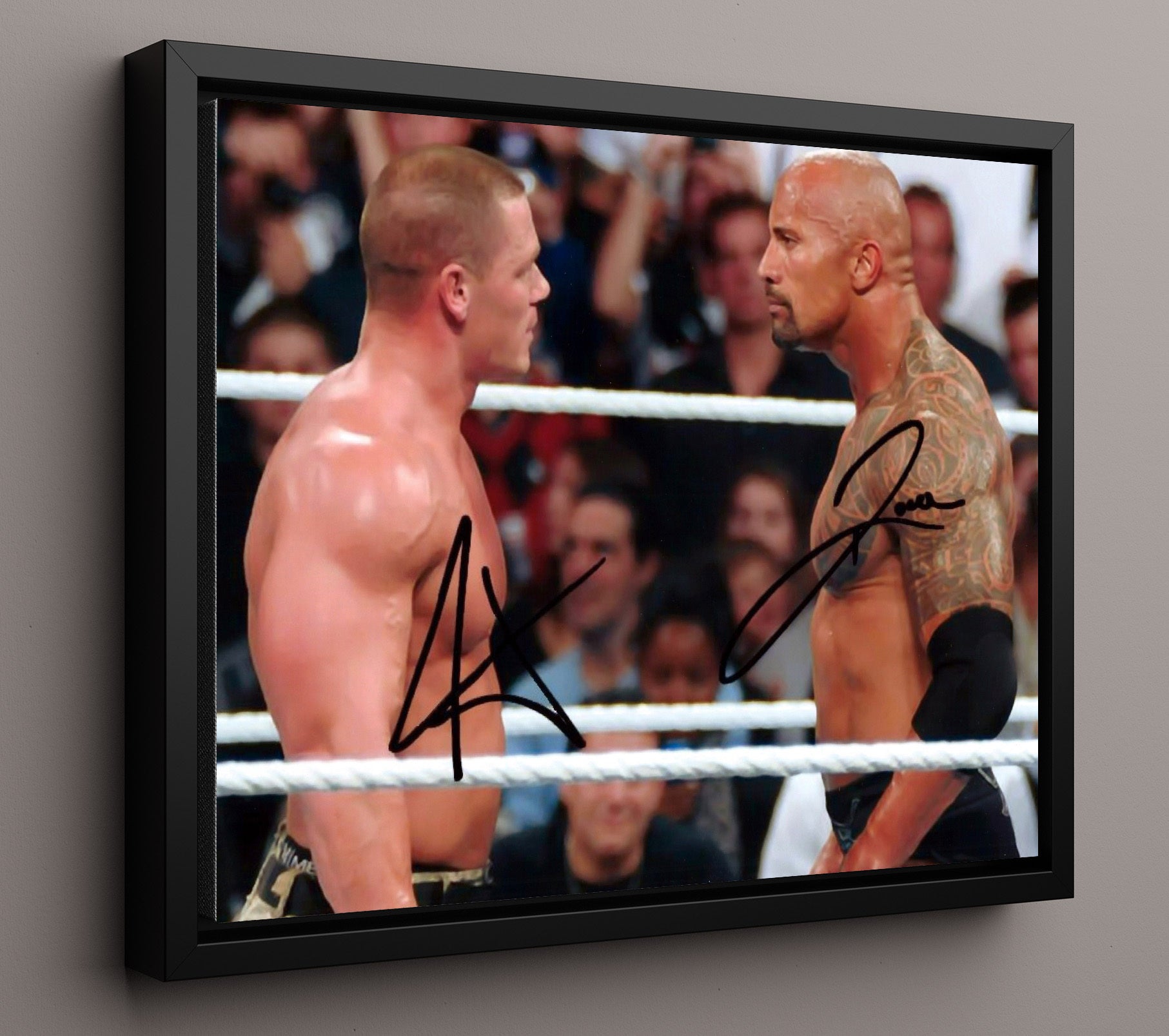 Rock vs Cena - Once in a Lifetime Faceoff WWE Wrestling Wall Art Framed Canvas wall art print – wrestling decor