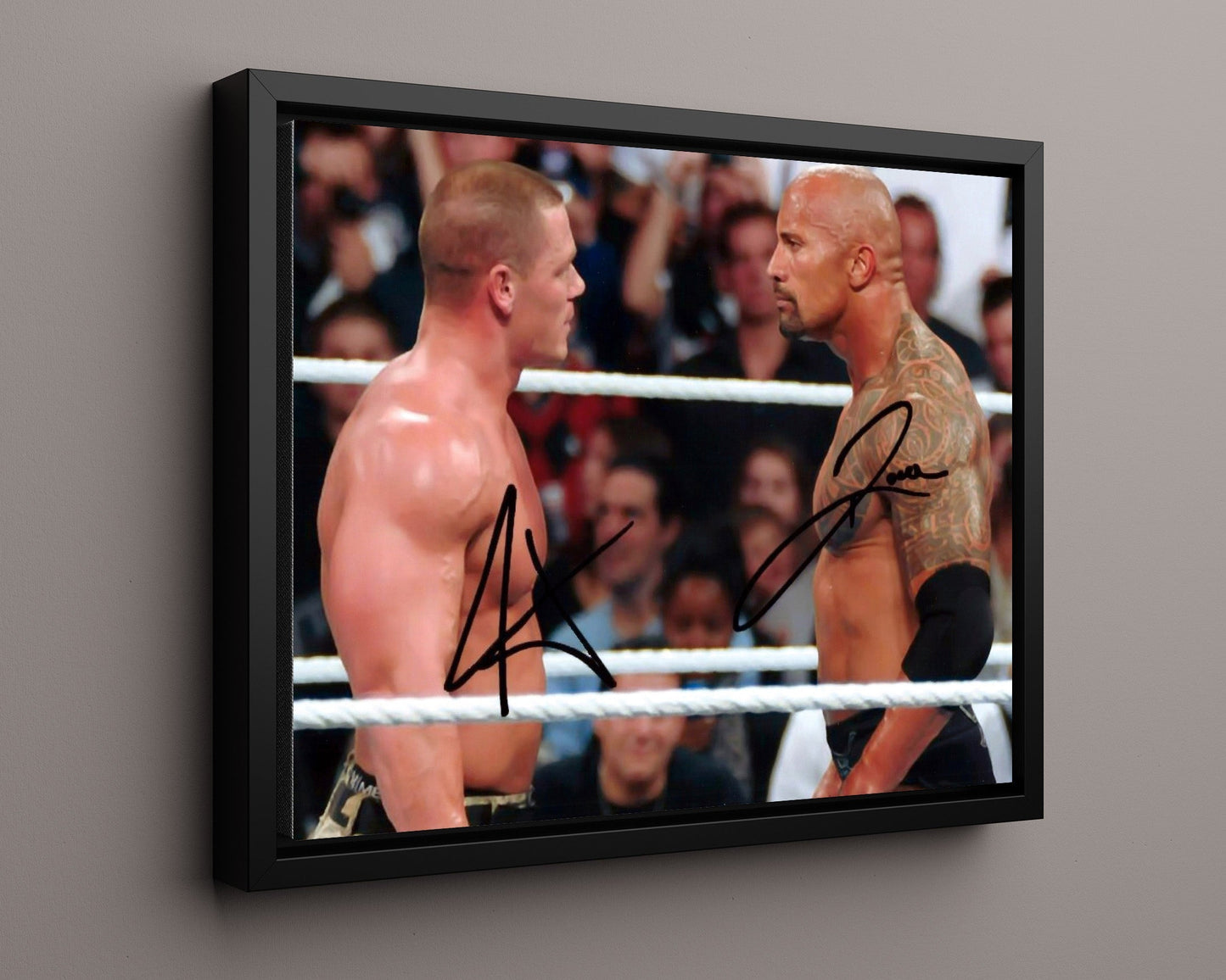 Wrestling Autograph Photo - Rock vs Cena - Once in a Lifetime Wrestling FramedSportPrints Floating Canvas 16x20