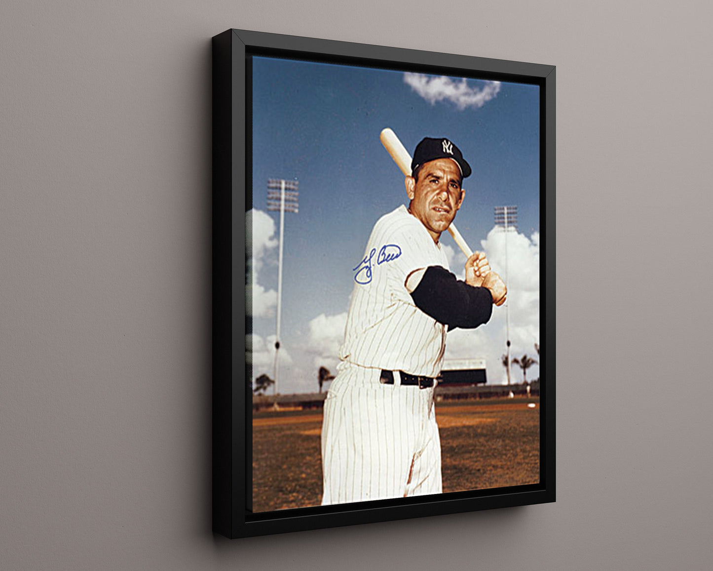 Yogi Berra Autograph Print - Bat Pose - Pinstripe Legend