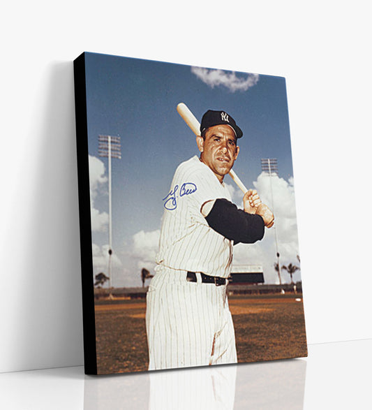 Yogi Berra Autograph Print - Bat Pose - Pinstripe Legend