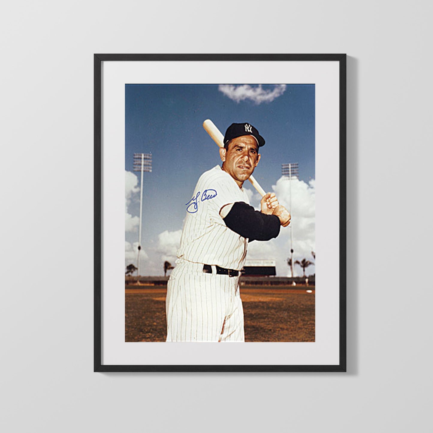 Yogi Berra Autograph Print - Bat Pose - Pinstripe Legend